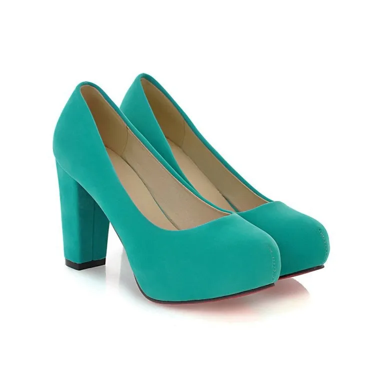 Women's High Heel Flock Chunky Heel Pumps Shoes 6356