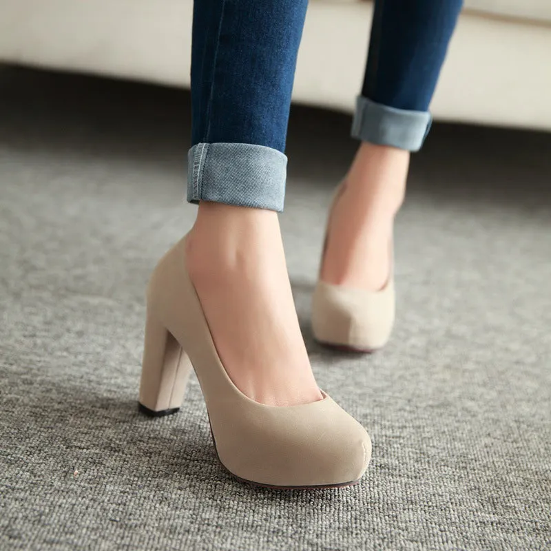 Women's High Heel Flock Chunky Heel Pumps Shoes 6356