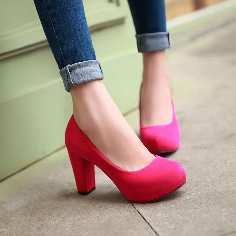 Women's High Heel Flock Chunky Heel Pumps Shoes 6356