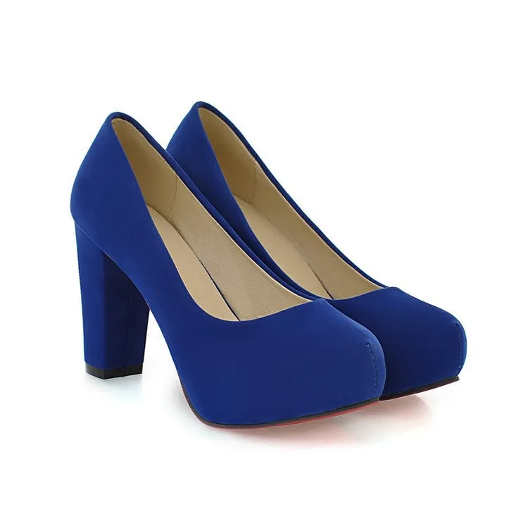 Women's High Heel Flock Chunky Heel Pumps Shoes 6356