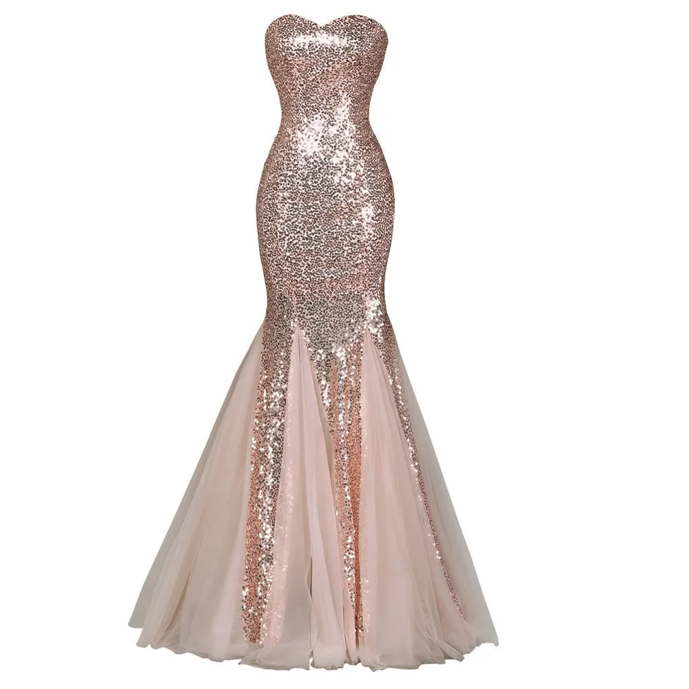Women's Sleeveless Off Shoulder Sequins Tulle Evening Dress