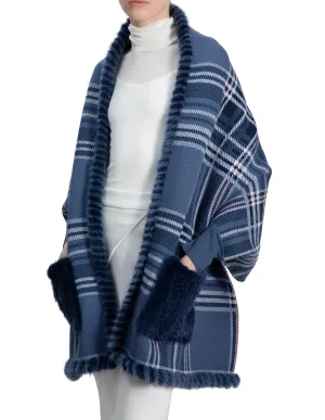 Woven Plaid Wrap With Cuff And Mink Trimming Blue Plaid